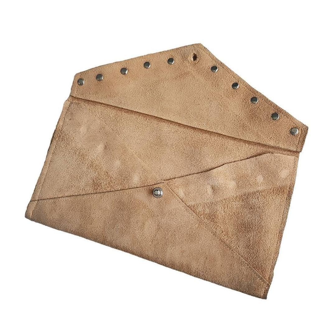 Camel suede leather studded clutch envelope bag 9.5" X 5.5" - Picture 2 of 4